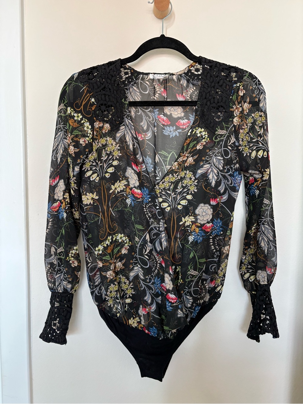 Free People sheer black floral lace bodysuit